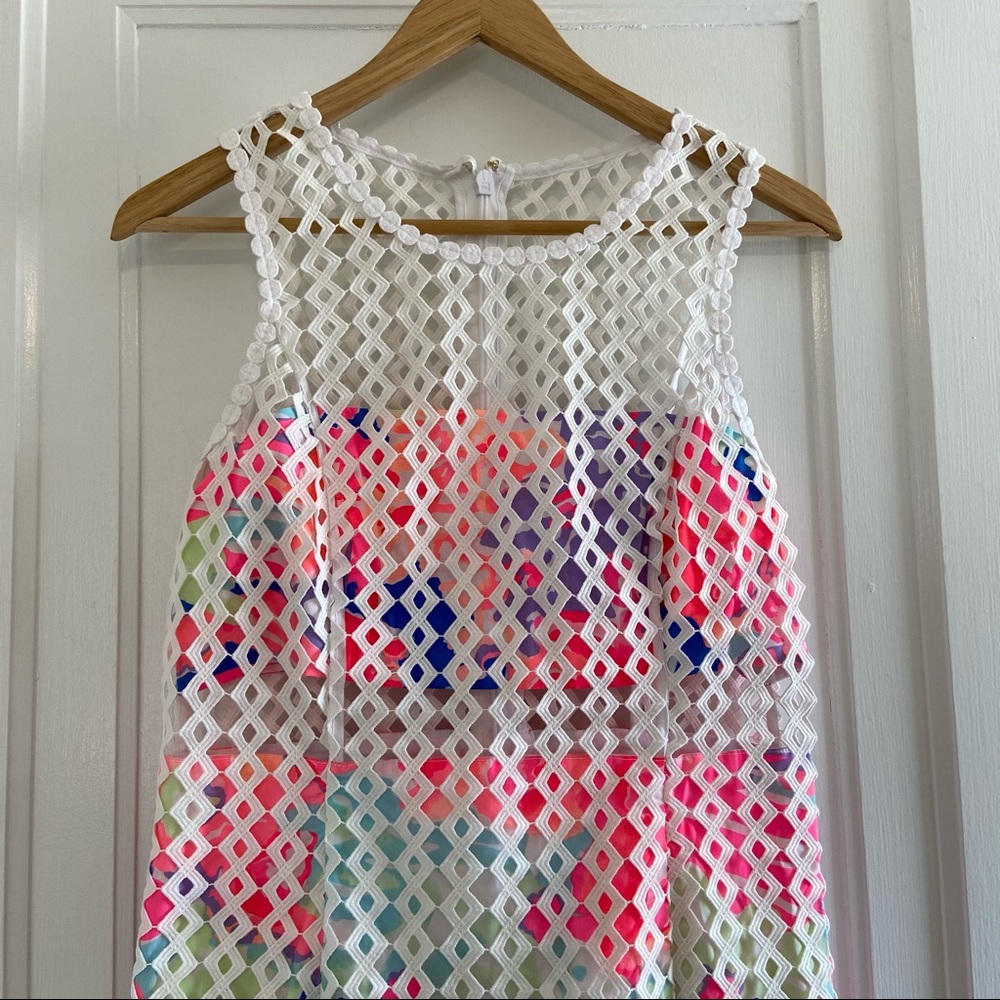 Lilly Pulitzer White Crochet Mini Dress with Pastel Multicolor Print - Picture 4 of 7